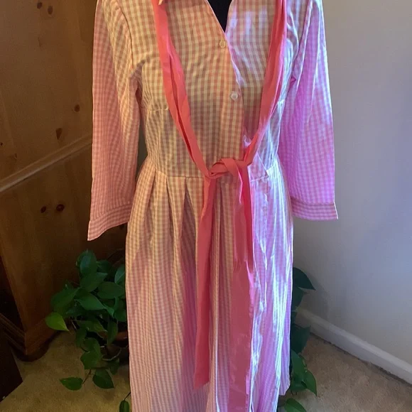 🌹Elegant Maxi Pink & White Long Sleeve Long Shirt Dress with Bow - Picture 7 of 10
